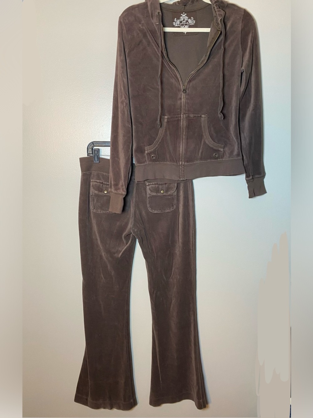 Y2K SO Velour Hoodie & Flared Pants Tracksuit Set - Brown M/L
